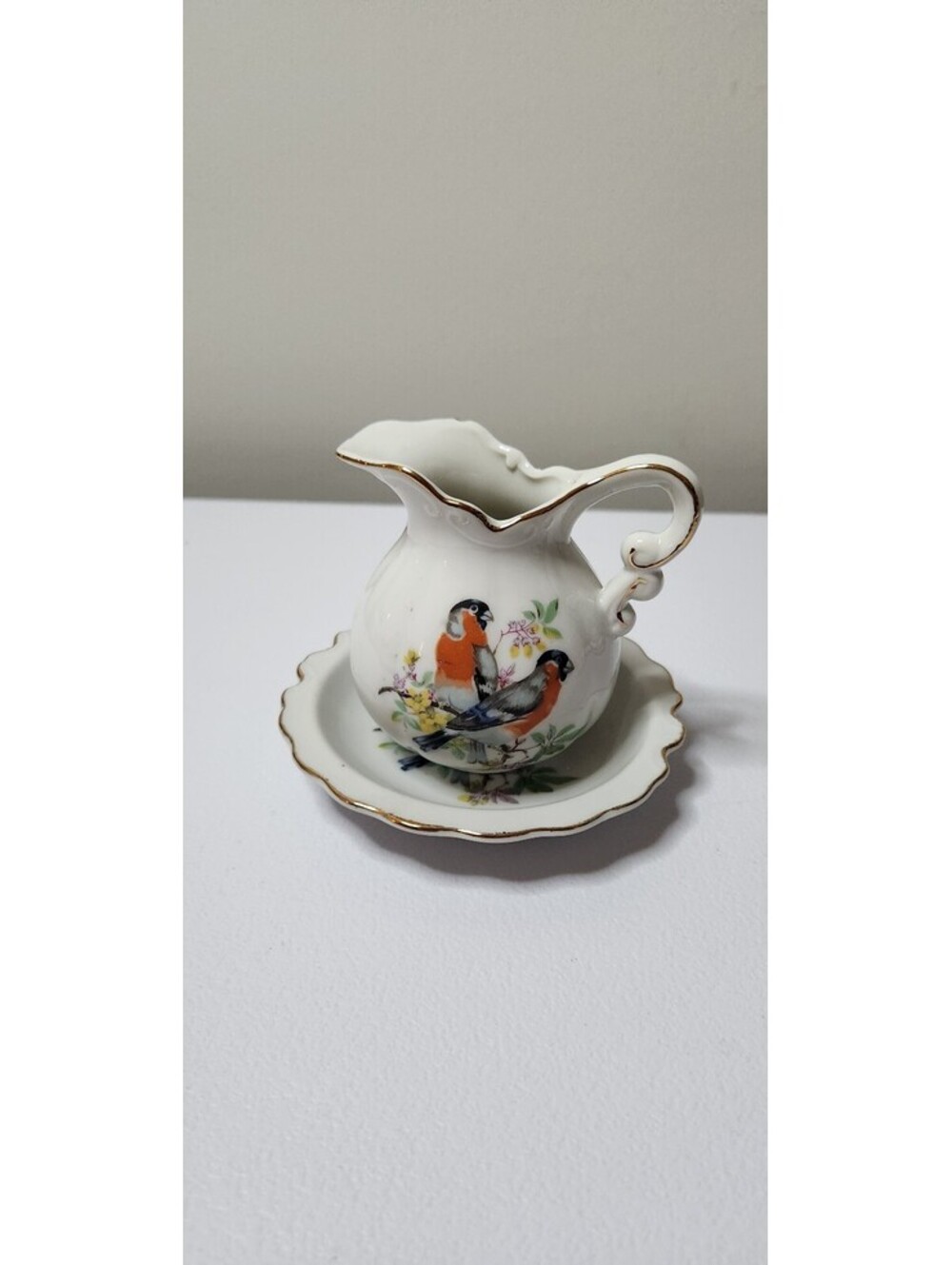 Vintage Mini Pitcher & Matching Bowl Grosbeak Bird Pair Japan